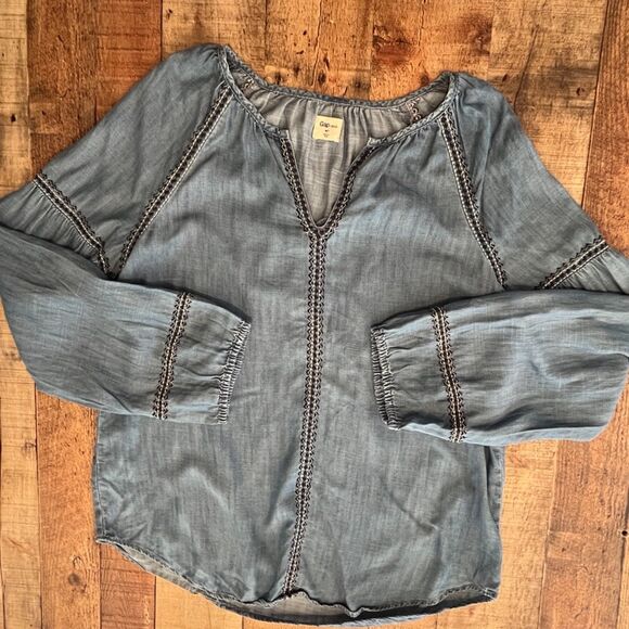 Gap 1969 Chambray Denim Peasant Top Medium Embroidered Seams Boho - Picture 5 of 9
